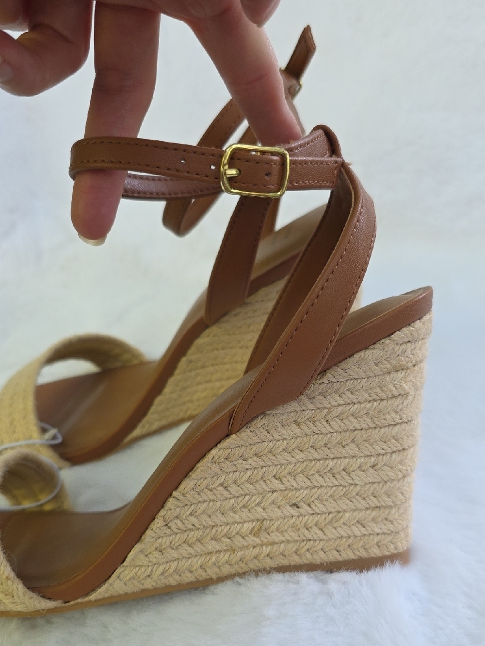 NWT Tan Natural Ankle Strap Espadrille Wedge Sandals Brown Heels Faux Leather 9 - Picture 15 of 17